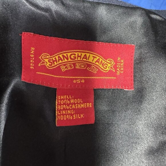 Shanghai Tang Womens Navy Blue Cashmere & Wool Coat Black leather trim Size 4 - Picture 7 of 8